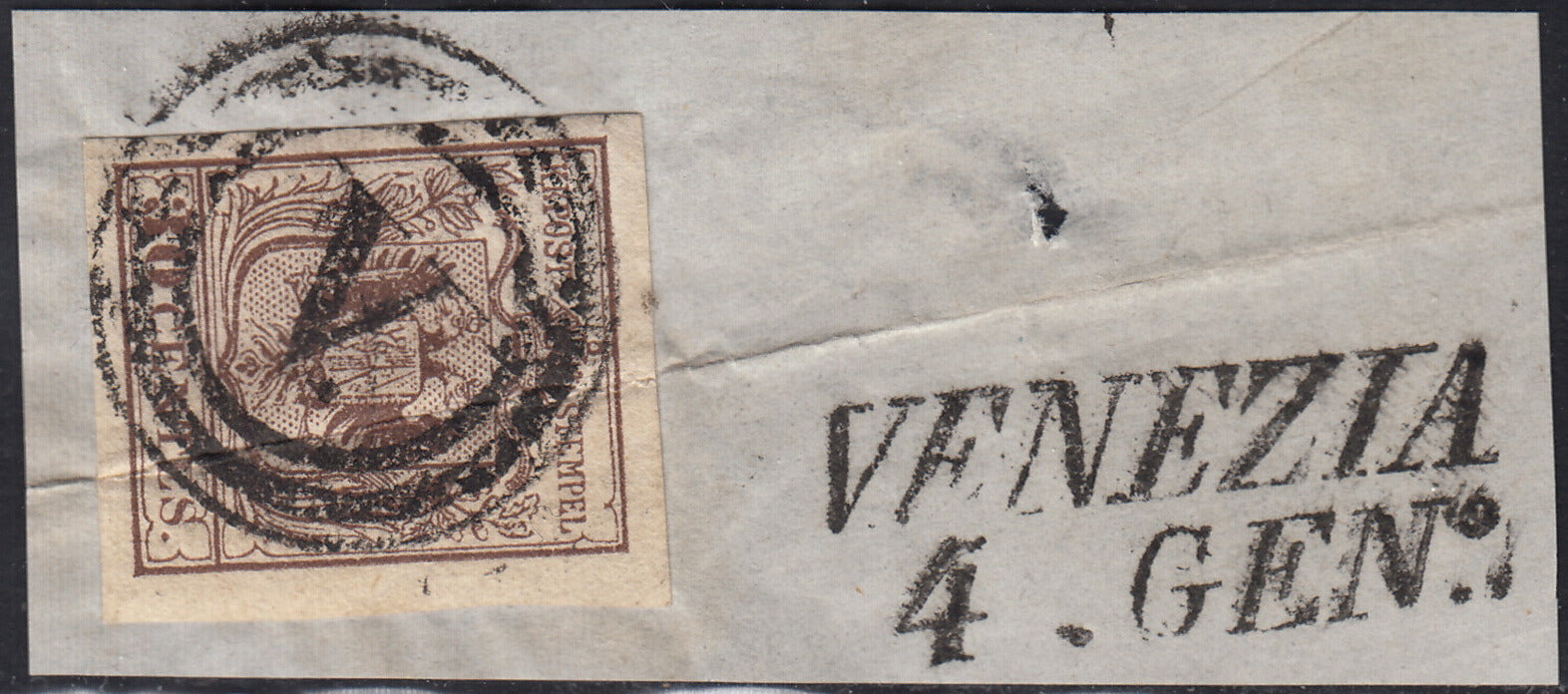 PV60_361 - 1850 - I emissione c. 30 bruno grigio I tipo usato su frammento con muto di Venezia (7b, p.ti 8)