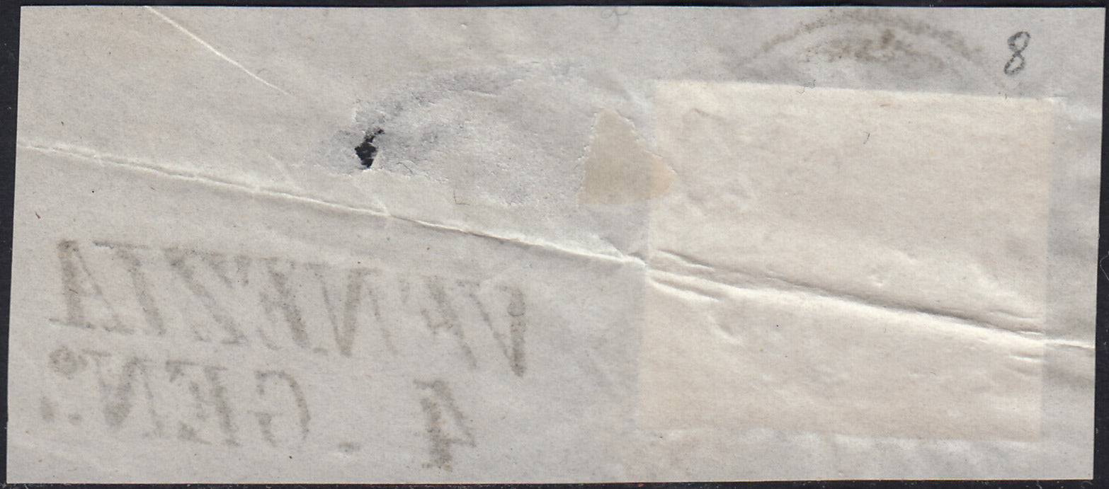 PV60_361 - 1850 - I emissione c. 30 bruno grigio I tipo usato su frammento con muto di Venezia (7b, p.ti 8)