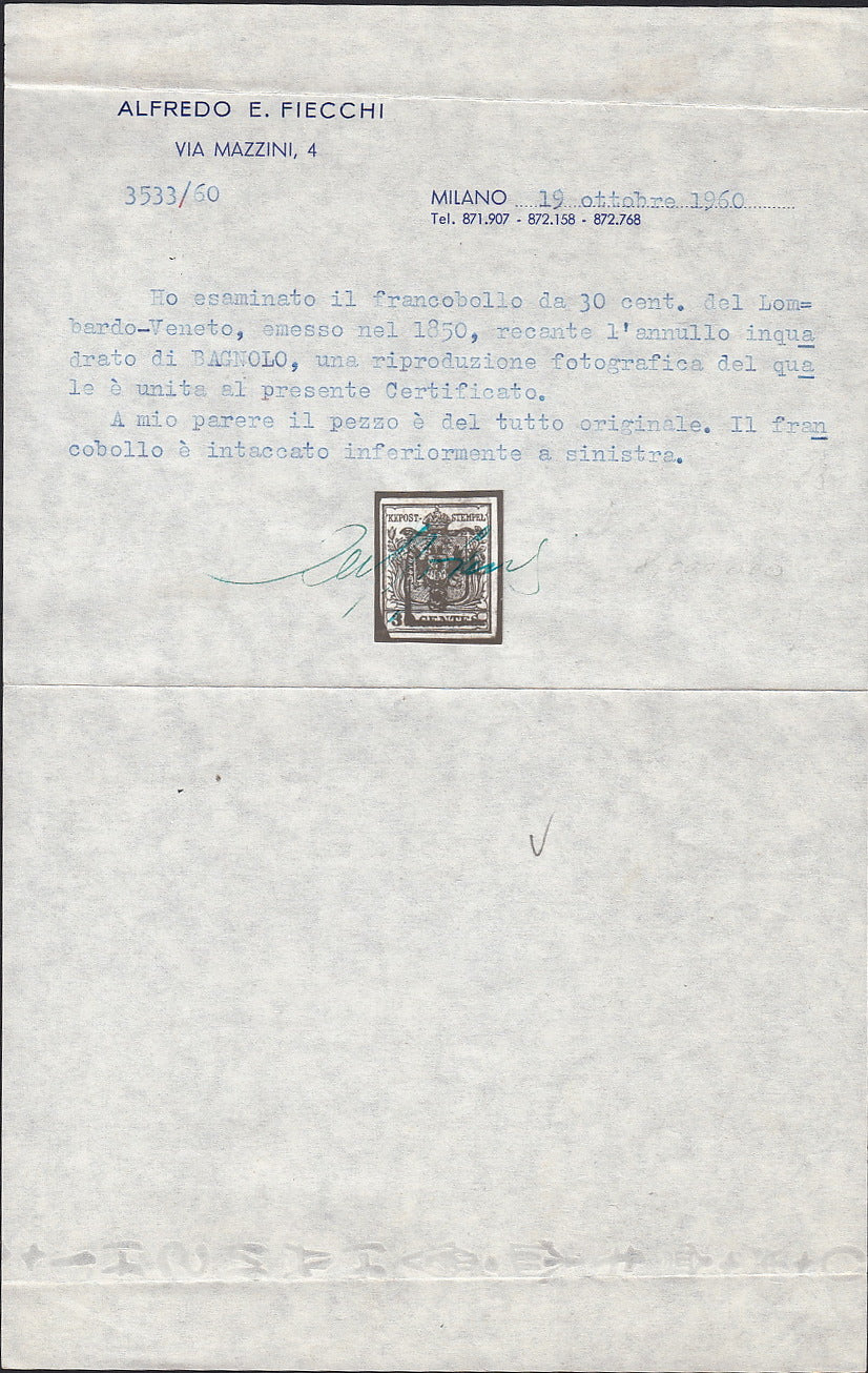 PV60_364 - 1850 - I emissione c. 30 bruno scuro usato con annulo rettangolare di BAGNOLO, rarissimo (7d, p.ti R2)