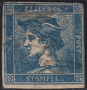 PV60_370 - 1851 - Mercurio (c.3) azzurro del I tipo con varietà DECALCO usato (1e).