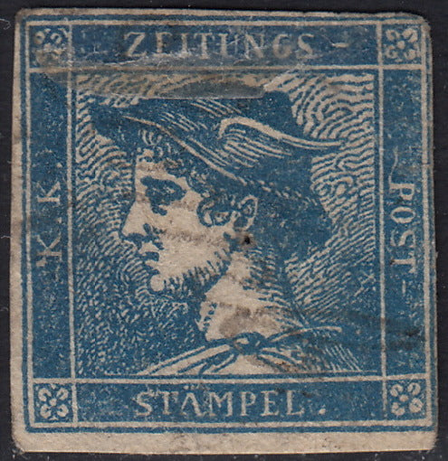 PV60_370 - 1851 - Mercurio (c.3) azzurro del I tipo con varietà DECALCO usato (1e).