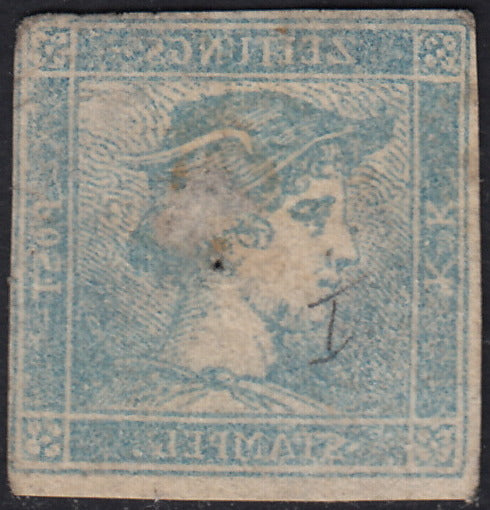PV60_370 - 1851 - Mercurio (c.3) azzurro del I tipo con varietà DECALCO usato (1e).