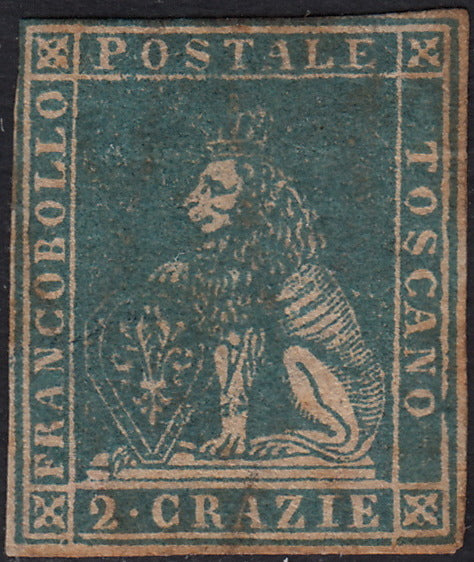 PPP449 - 1851 Leone di Marzocco, 2 light blue crazie on gray paper and crown watermark, used (5d)