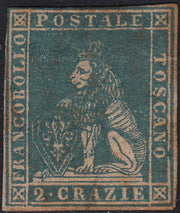 PPP449 - 1851 Leone di Marzocco, 2 light blue crazie on gray paper and crown watermark, used (5d)