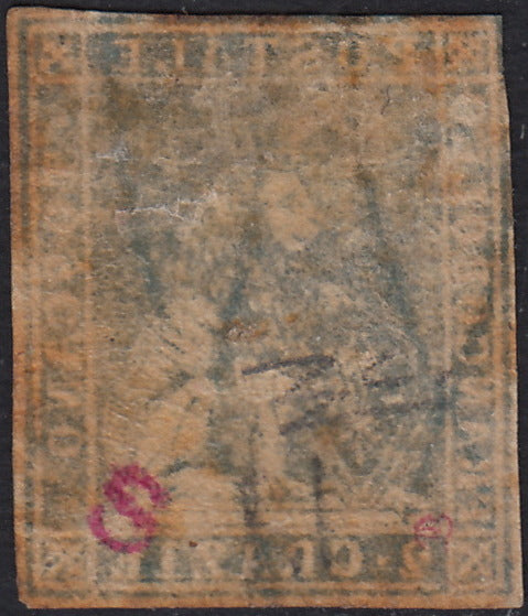 PV60_38 - 1857 - Leone di Marzocco, 2 crazie azzurro grigio verdastro su carta bianca e filigrana linee ondulate nuovo con gomma originale (13a)