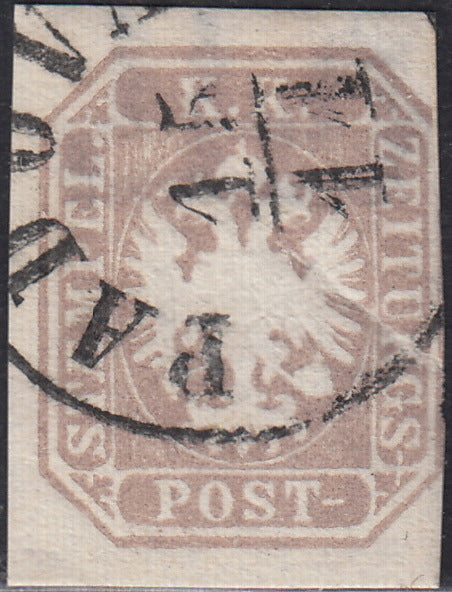 PV60_390 - 1863 - Francobollo da s. 1,05 grigio lillaceo bruno, tipo della IV e V emissione, con frammenti di FILIGRANA "ZEITUNGS MARKEN" usato (11a/11d)