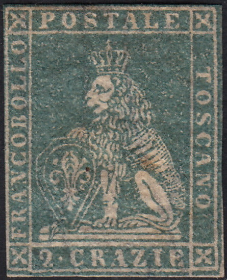 PPP449 - 1851 Leone di Marzocco, 2 light blue crazie on gray paper and crown watermark, used (5d)