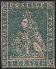 PPP449 - 1851 Leone di Marzocco, 2 light blue crazie on gray paper and crown watermark, used (5d)