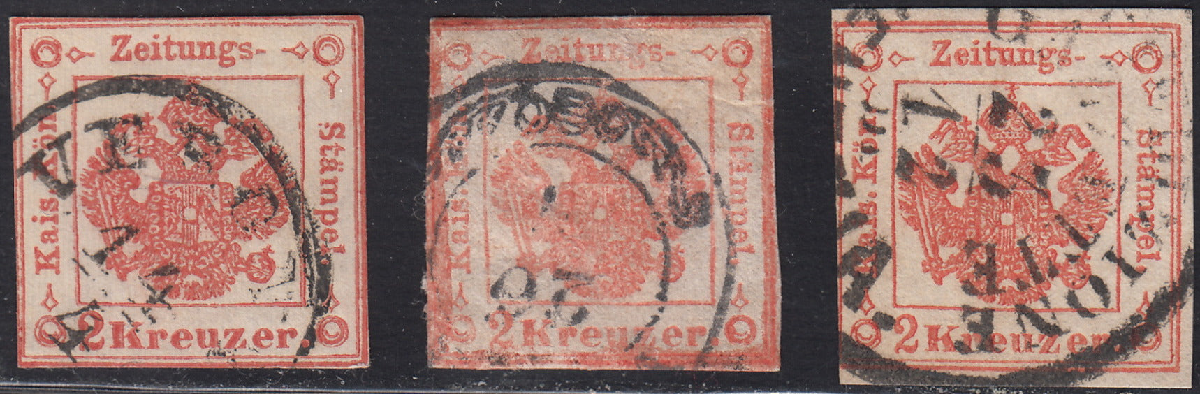 PV60_402 - 1858 - Segnatasse per Giornali, 2kr. tre esempari in gradazioni di colori differenti (3, 3a, 3b)