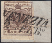 PV60_420 - 1850 - AUSTRIA I emissione 6 kr. bruno usato su frammento con annullo di Lombardo Veneto VENEZIA Si