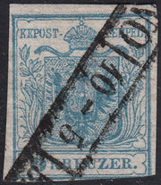 PV60_422 - 1850 - AUSTRIA I emissione 9 kr. azzurro usato con annullo di Lombardo Veneto MILANO C52
