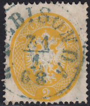 PV60_433 - 1863 - Levante Austriaco, V emissione s. 2 giallo usato TREBISONDA in azzurro, raro annullo (36L, punti R2)
