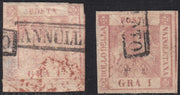 PV60_475 - 1858 - Stemma delle Due Sicilie, 1 grano rosa chiaro + 1 grano rosa lillaceo I tavola usati (3 + 3a)