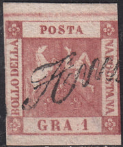 PV60_479 - 1858 - Stemma delle Due Sicilie, 1 grano carminio vivo II tavola usato (4b)