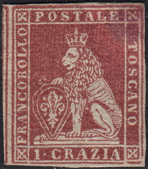PV60_47 - 1851 - Leone di Marzocco, 1 crazia carminio brno su carta grigia e filigrana corona nuovo con gomma originale (4e)