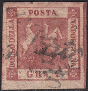 PV60_482 - 1858 - Stemma delle Due Sicilie, 1 grano carminio vivo II tavola usato (4b)
