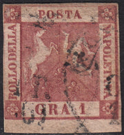 PV60_485 - 1858 - Stemma delle Due Sicilie, 1 grano carminio scuro II tavola usato (4c)