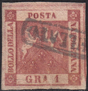 PV60_487 - 1858 - Stemma delle Due Sicilie, 1 grano carminio scuro II tavola usato (4c)