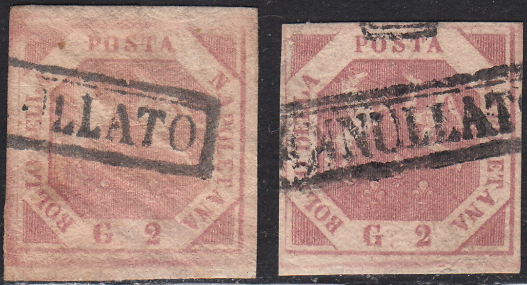 PV60_491 - 1858 - Stemma delle Due Sicilie, 2 grana rosa chiaro e 2 grana rosa lillaceo I tavola usati (5, 5a)