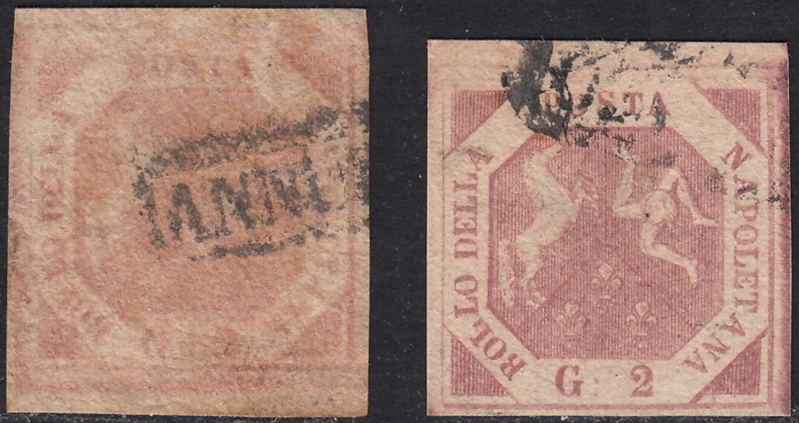 PV60_493 - 1858 - Stemma delle Due Sicilie, 2 grana rosa chiaro e 2 grana rosa lillaceo I tavola usati (5, 5a)
