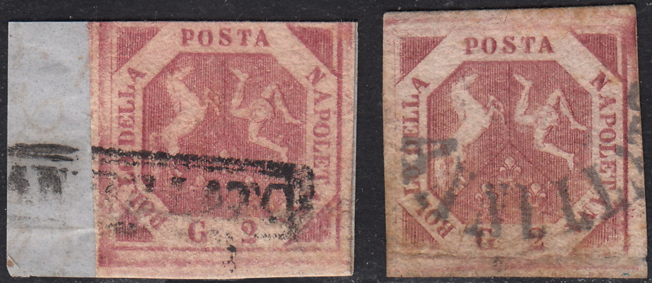 PV60_498 - 1858 - Stemma delle Due Sicilie, 2 grana carminio e 2 grana carminio vivo usati (5e, 5f)