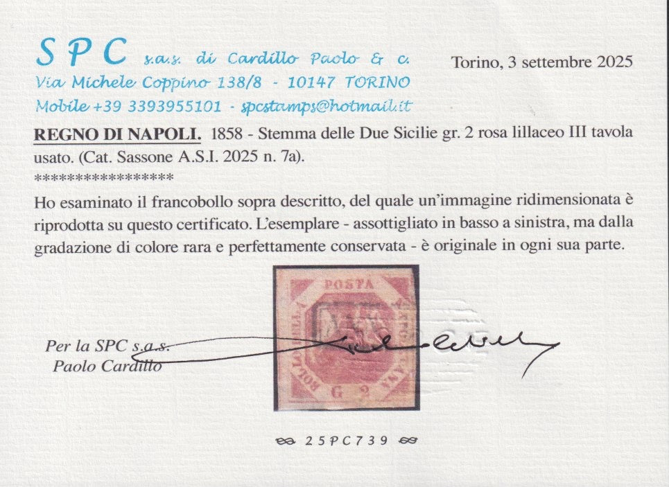 PV60_513 - 1858 - Stemma delle Due Sicilie, 2 grana bruno llillaceo III tavola usato, raro colore (7a)