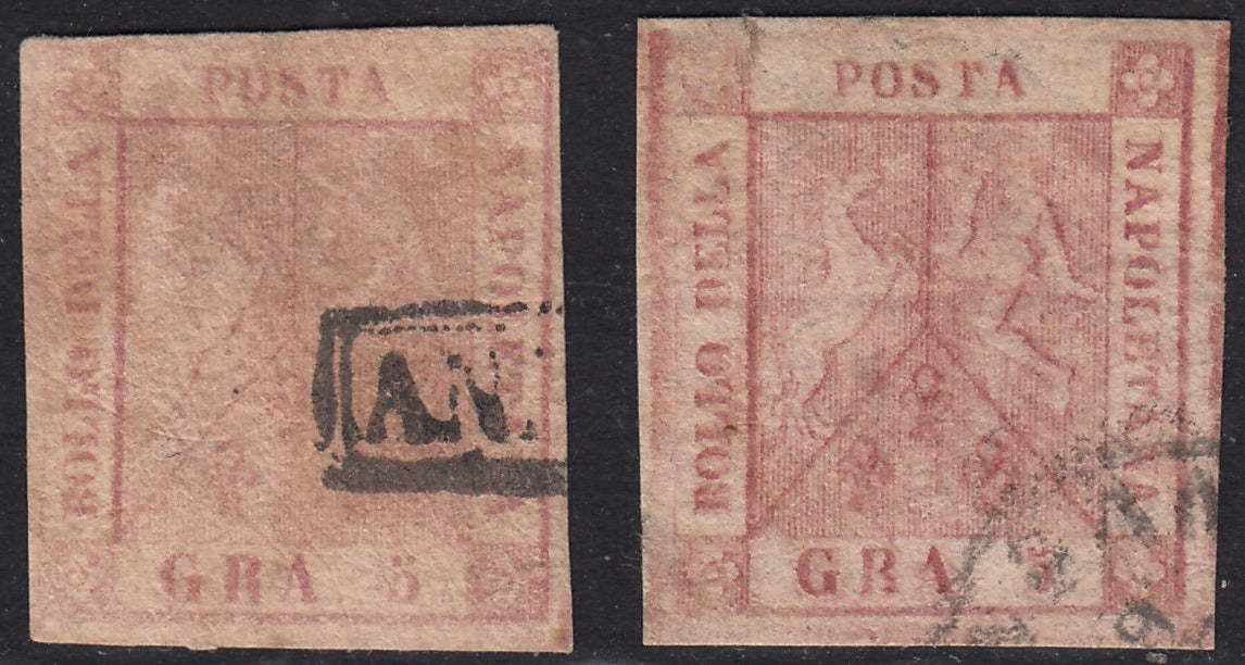 PV60_522 - 1858 - Stemma delle Due Sicilie, 5 grana rosa brunastro I tavola e 5 grana carminio rosa II tavola usati (8+9)