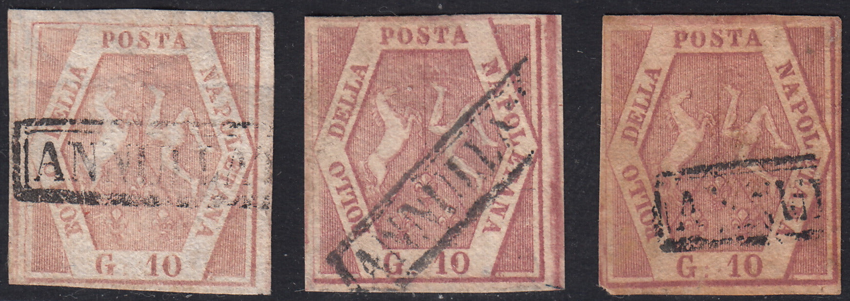 PV60_533 - 1858 - Stemma delle Due Sicilie, 10 grana I tavola rosa brunastro, rosa lillaceo e rosa brunastro scuro usati (10, 10a, 10b)