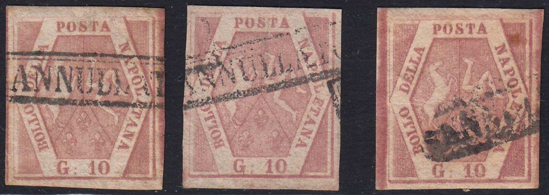 PV60_534 - 1858 - Stemma delle Due Sicilie, 10 grana I tavola nei tre colori catalogati usati (10, 10a, 10b)