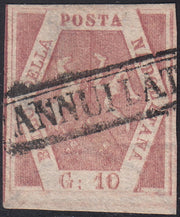 PV60_538 - 1858 - Stemma delle Due Sicilie, 10 grana rosa lillaceo I tavola usato (10a)