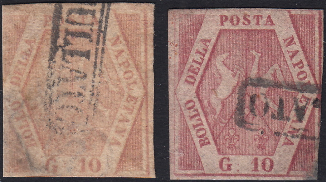 PV60_544 - 1858 - Stemma delle Due Sicilie, 10 grana II tavola rosacarminio chiaro e 10 grana carminio vivo usati (11a, 11b)