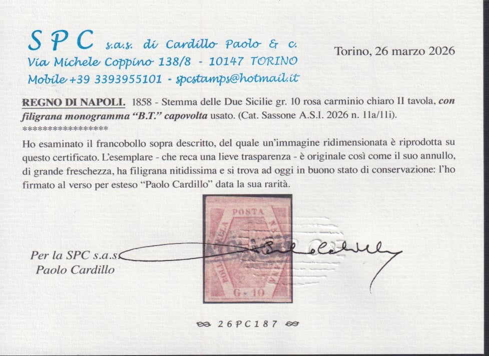 BO22-59 - 1859 - Efigie de Fernando II de Borbón, 1 grano verde oliva grisáceo claro II mesa papel Palermo nuevo con goma original, poco común y de hermosa calidad. (4, posición 28/100). 