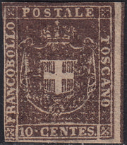 PV60_57 - 1860 - Scudo di Savoia c. 10 bruno lillaceo su carta bianca e filigrana linee ondulate nuovo con gomma e riga di colore a destra (19d/h)