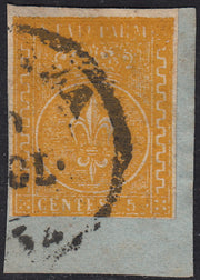 PV60_609 - 1853 - Giglio borbonico sormontato da corona Ducale, II emissione, c. 5 giallo arancio usato su frammento (6)