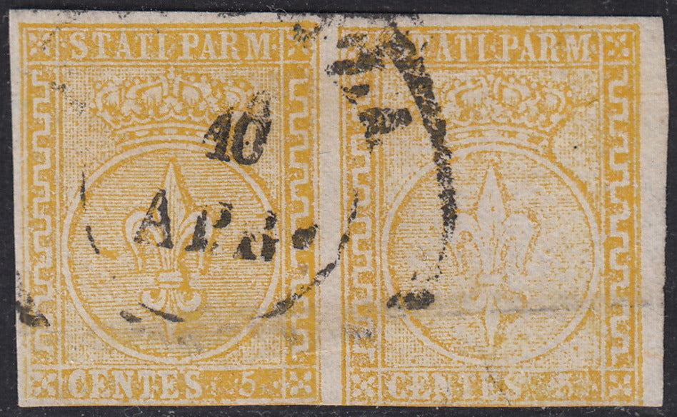 PV60_614 - 1853 - Giglio borbonico sormontato da corona Ducale, II emissione, c. 5 giallo chiarissimo "canarino" coppia orizzontale usata (6b)