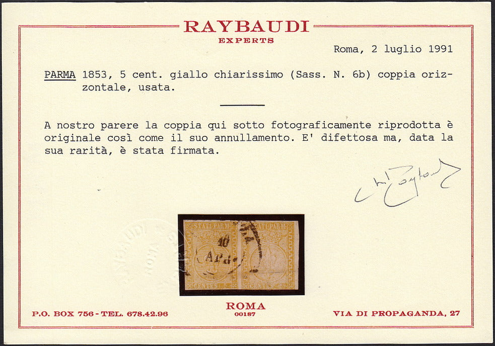 PV60_614 - 1853 - Giglio borbonico sormontato da corona Ducale, II emissione, c. 5 giallo chiarissimo "canarino" coppia orizzontale usata (6b)