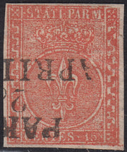 PV60_620 - 1853 - Giglio borbonico sormontato da corona Ducale, II emissione, c. 15 vermiglio greca destra larga usato (7c)