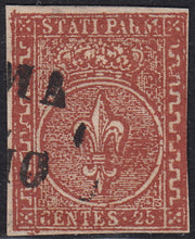 PV60_622 - 1853 - Giglio borbonico sormontato da corona Ducale, II emissione, c. 25 bruno rosso con le due greche più larghe usato (8c)