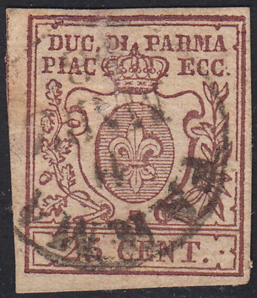 PV60_627 - 1857 - Giglio Borbonico sormontato da Corona Ducale, c. 25 bruno lilla scuro usato (10a)