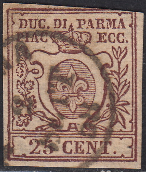 PV60_629 - 1857 - Giglio Borbonico sormontato da Corona Ducale, c. 25 bruno lilla scuro usato (10a)