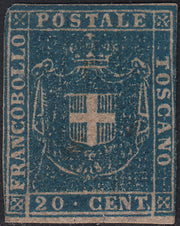 PPP449 - 1851 Leone di Marzocco, 2 light blue crazie on gray paper and crown watermark, used (5d)