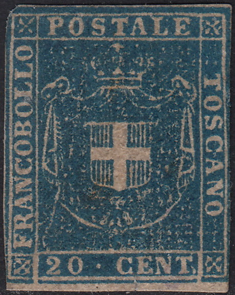 PPP449 - 1851 Leone di Marzocco, 2 light blue crazie on gray paper and crown watermark, used (5d)
