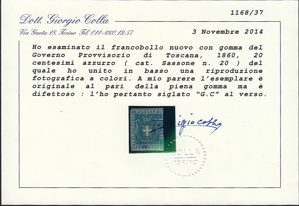 PV60_62 - 1860 - Scudo di Savoia c. 20 azzurro su carta bianca e filigrana linee ondulate nuovo con gomma (20)