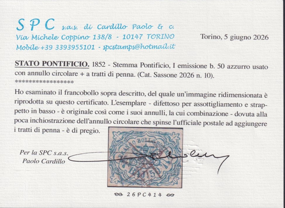 PV60_644 - 1852 - Stato Pontificio I emissione, 50 baj azzurro usato con annulloa griglia (10)
