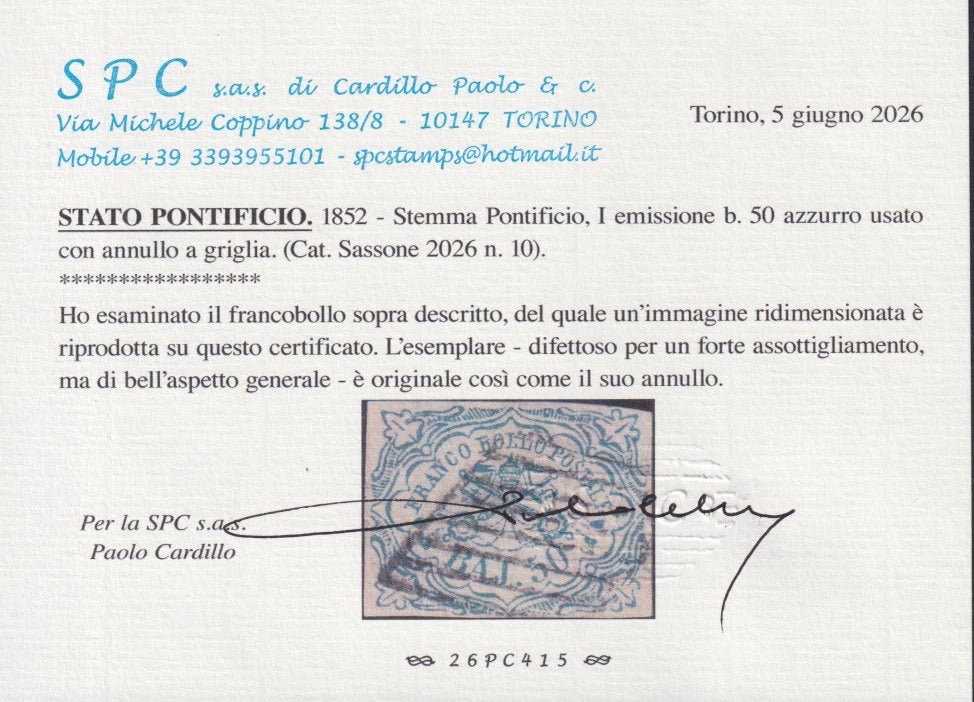 PV60_645 - 1852 - Stato Pontificio I emissione, 50 baj azzurro usato con annullo circolare + penna (10)
