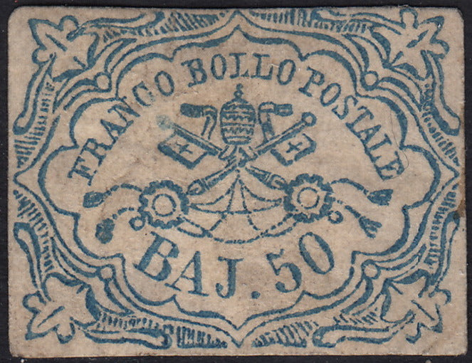 PV60_98 - 1852 -  I emissione 50 bajocchi azzurro nuovo con gomma, certificato Giorgio Colla (10)