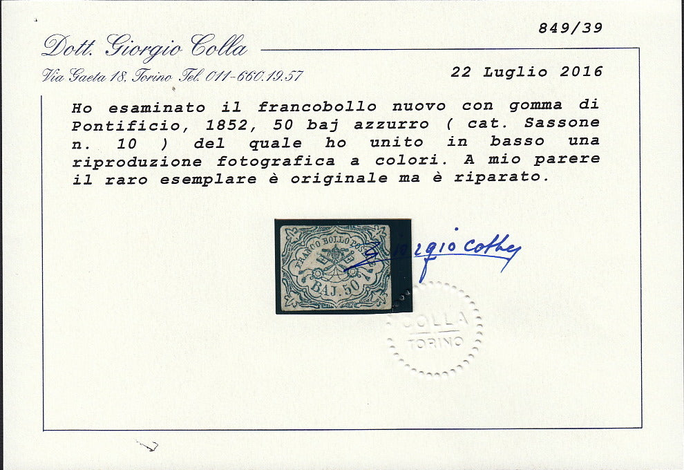 PV60_98 - 1852 -  I emissione 50 bajocchi azzurro nuovo con gomma, certificato Giorgio Colla (10)