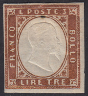 PV612 - 1861 - Sardegna IV emissone L. 3 rame carta spessa nuovo con gomma originale (18).