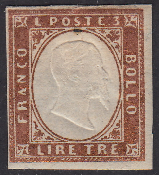 PV612 - 1861 - Sardegna IV emissone L. 3 rame carta spessa nuovo con gomma originale (18).