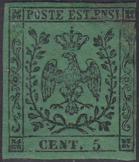PV71 - 1852 - Aquila estense, c. 5 verde, emissione senza punto dopo la cifra, nuovo con gomma originale (1)